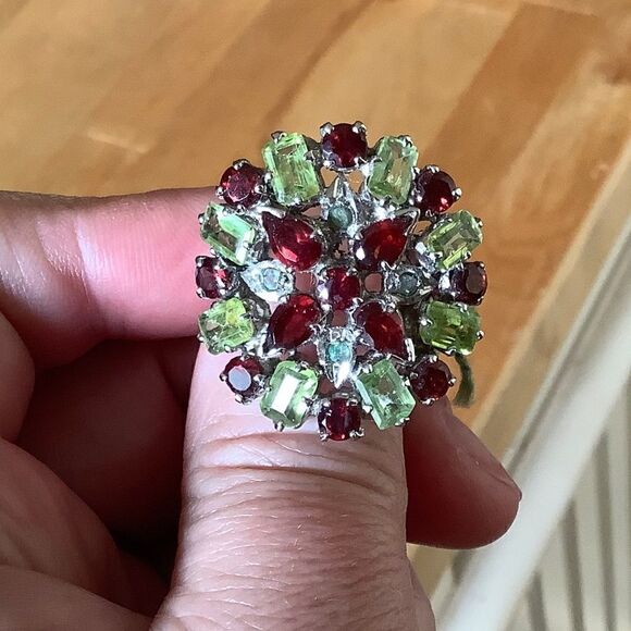 𝅺STERLING SILVER GARNET/PERIDOT/EMERALD RING SIZE US 8.5​​ - Picture 8 of 10